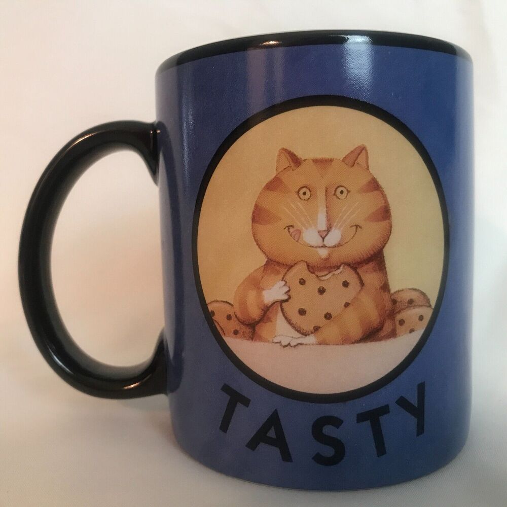 LANG MUGS 2006 "TASTY" Cat Orig Artwork by NED YOUNG Blue Coffee Mug/Tea Cup